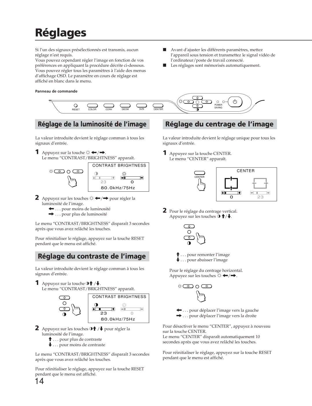 Sony CPD-20SF2T5 manual Réglages, Réglage du centrage de l’image, Réglage du contraste de l’image 