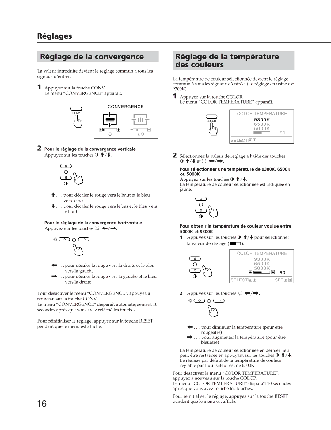 Sony CPD-20SF2T5 manual Réglages Réglage de la convergence, Réglage de la température des couleurs 