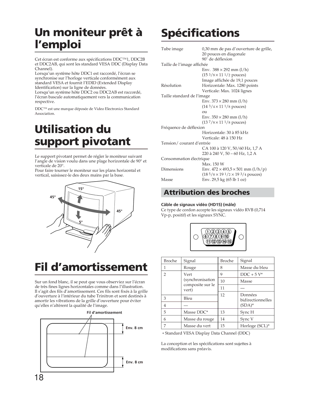 Sony CPD-20SF2T5 manual Un moniteur prêt à l’emploi, Utilisation du support pivotant, Spécifications, Fil d’amortissement 