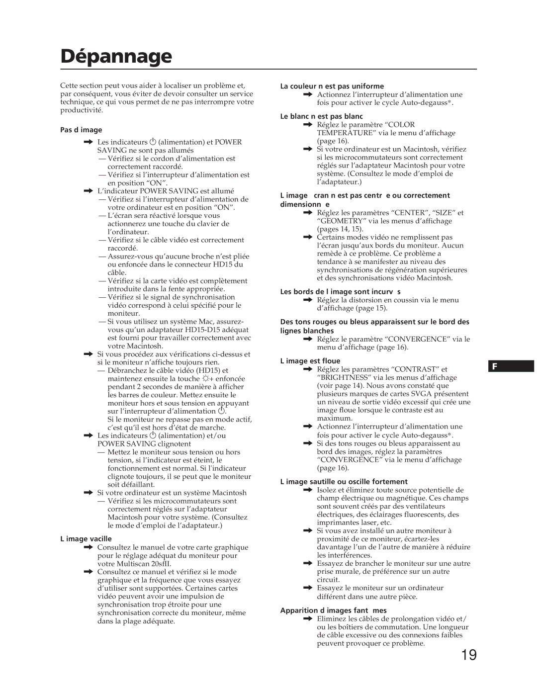 Sony CPD-20SF2T5 manual Dépannage 