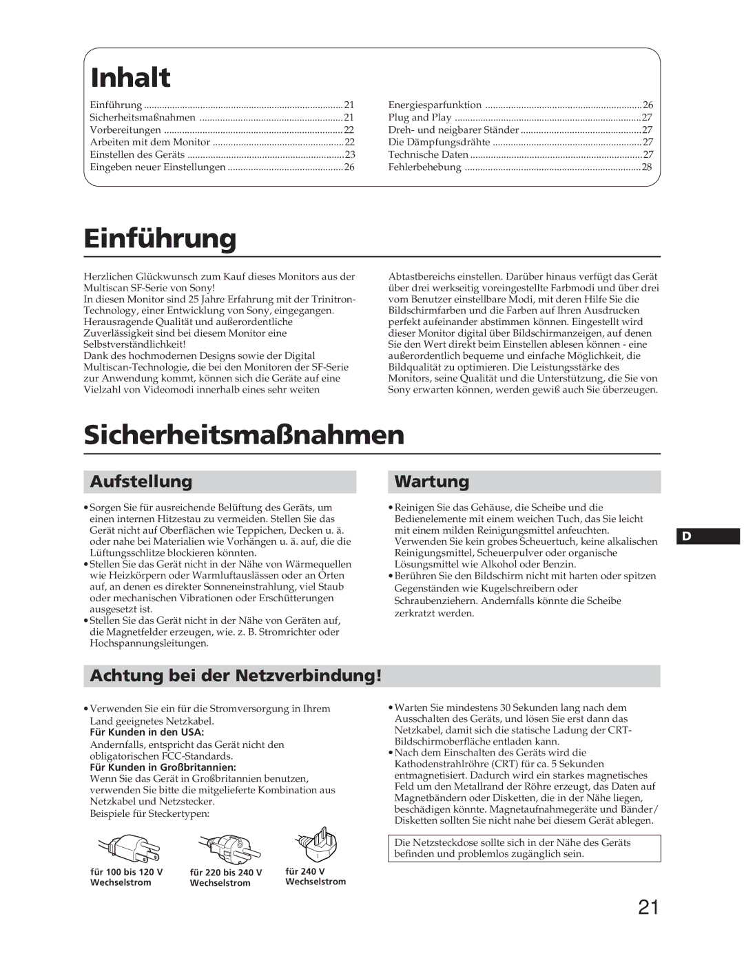 Sony CPD-20SF2T5 manual Inhalt, Einführung, Sicherheitsmaßnahmen, Aufstellung Wartung, Achtung bei der Netzverbindung 