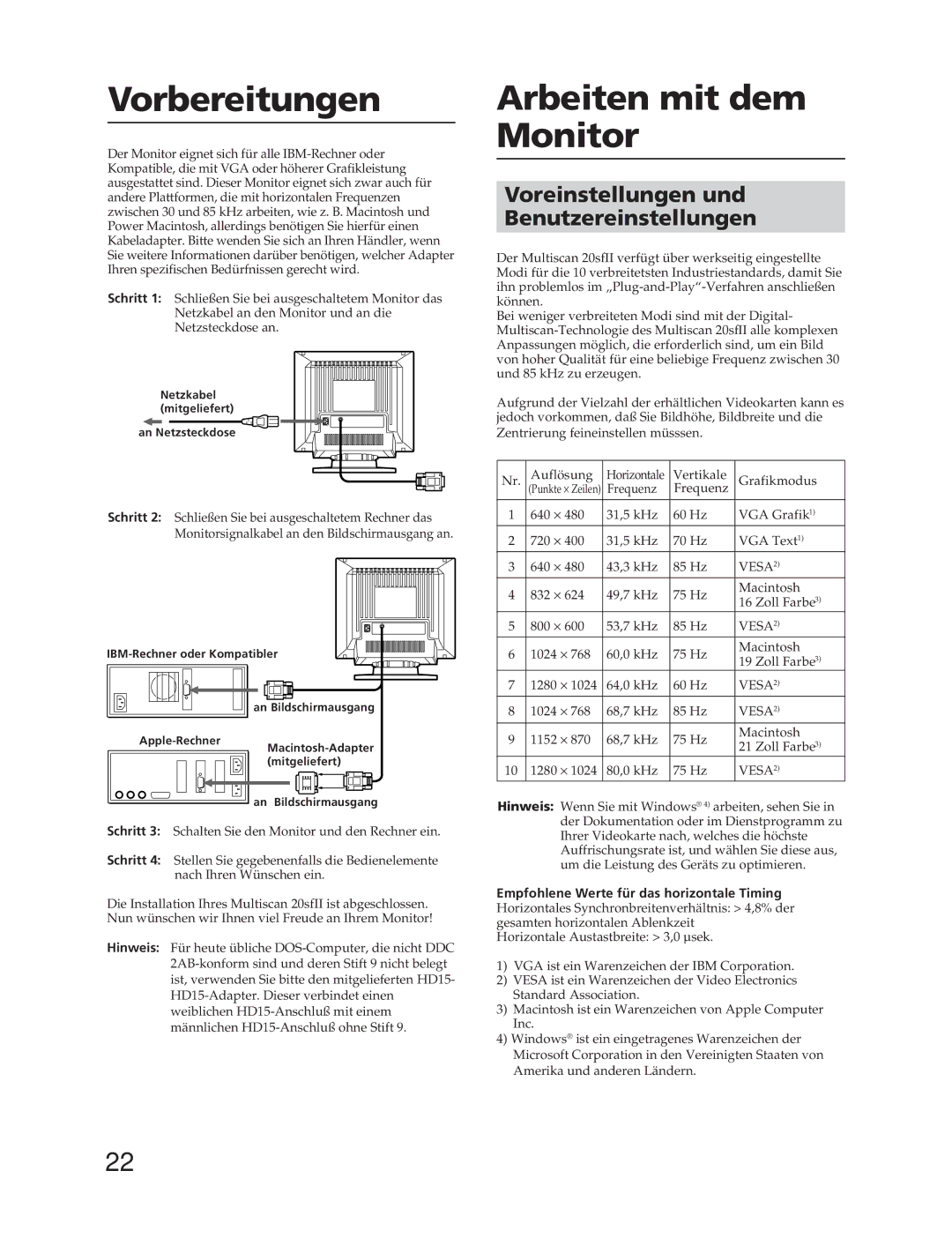 Sony CPD-20SF2T5 manual Vorbereitungen, Arbeiten mit dem Monitor, Voreinstellungen und Benutzereinstellungen 