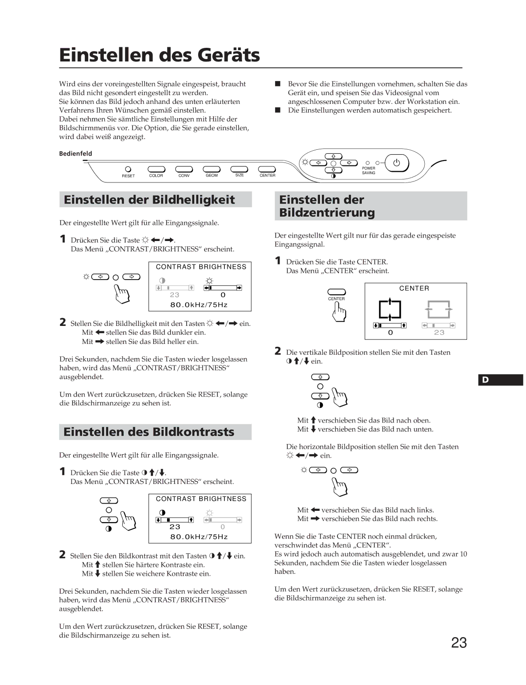 Sony CPD-20SF2T5 manual Einstellen des Geräts, Einstellen der Bildhelligkeit, Einstellen des Bildkontrasts 