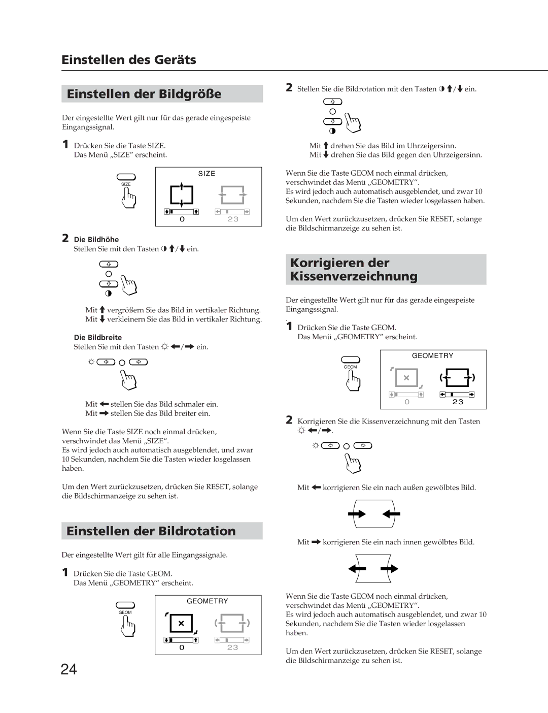 Sony CPD-20SF2T5 manual Einstellen des Geräts Einstellen der Bildgröße, Korrigieren der Kissenverzeichnung, Die Bildhöhe 