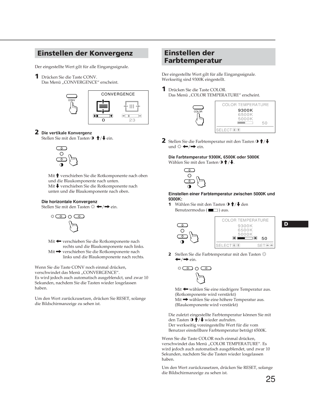 Sony CPD-20SF2T5 manual Einstellen der Konvergenz, Einstellen der Farbtemperatur, Die vertikale Konvergenz 