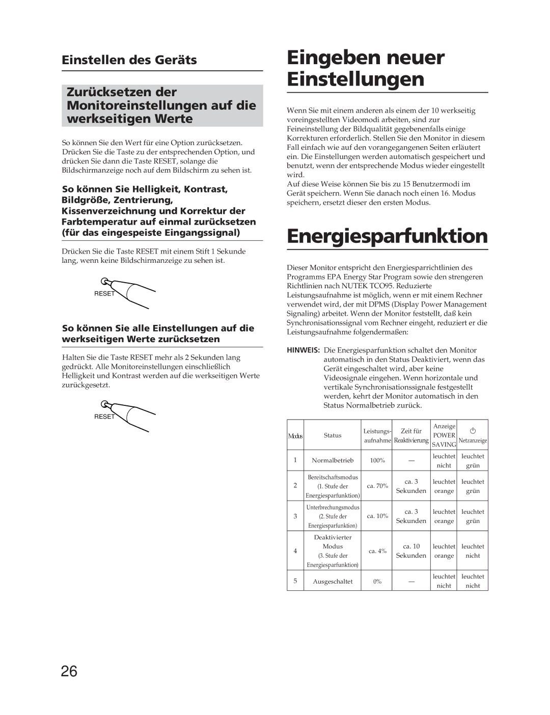 Sony CPD-20SF2T5 manual Eingeben neuer Einstellungen, Energiesparfunktion 