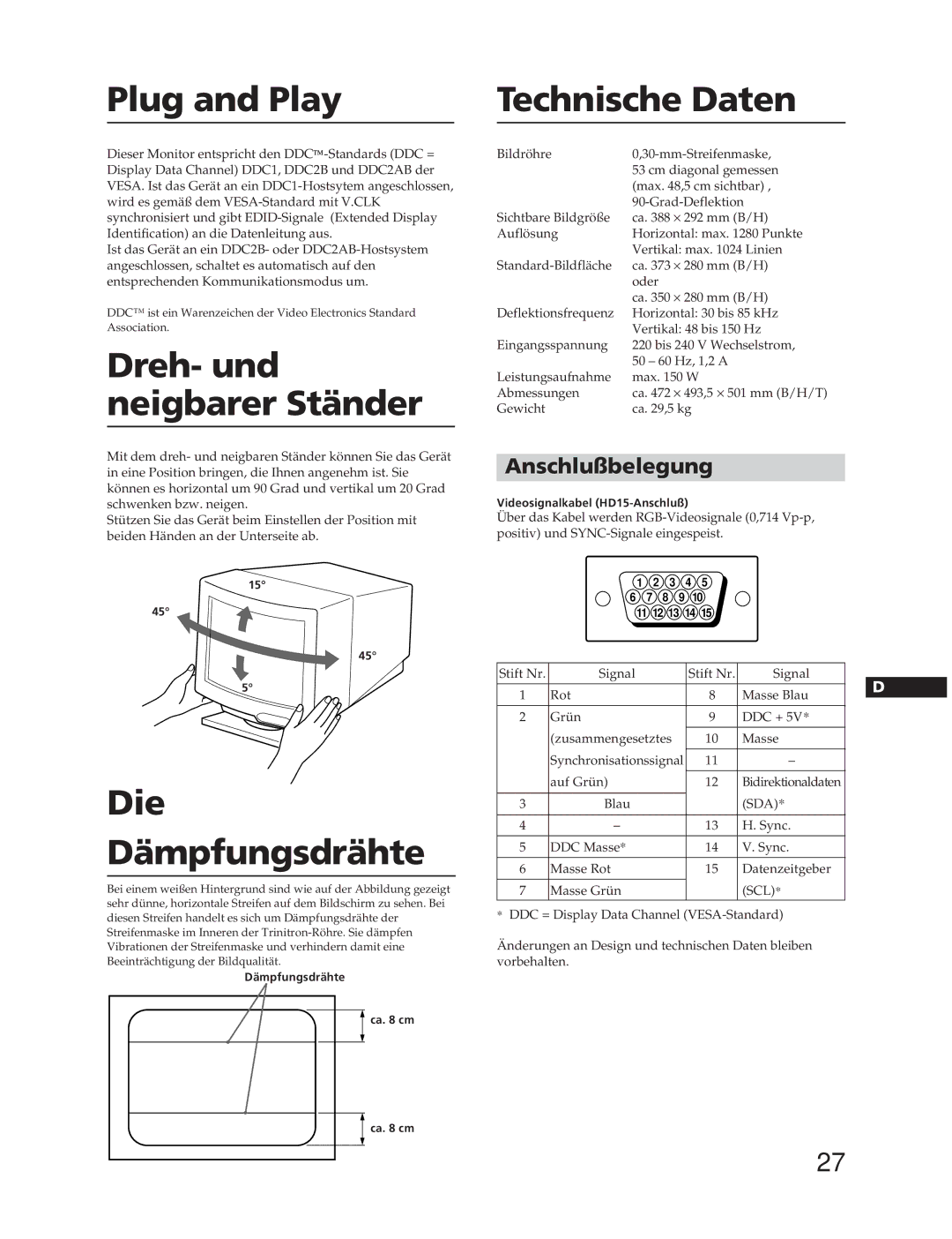 Sony CPD-20SF2T5 manual Dreh- und neigbarer Ständer, Die Dämpfungsdrähte, Technische Daten, Anschlußbelegung 