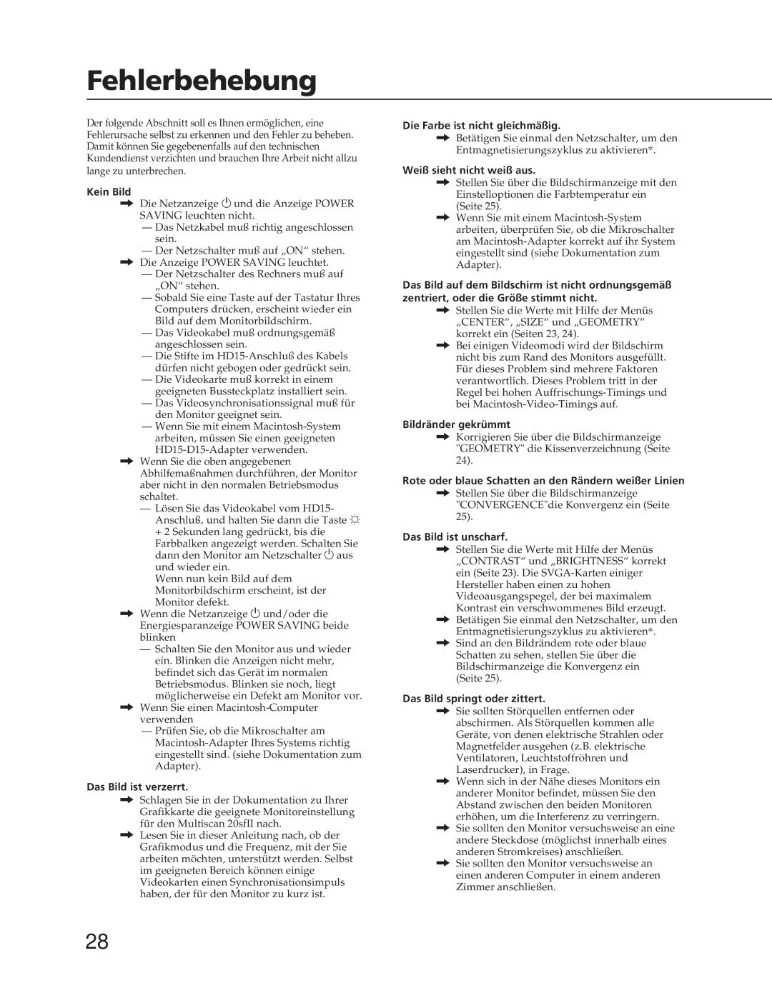 Sony CPD-20SF2T5 manual Fehlerbehebung 