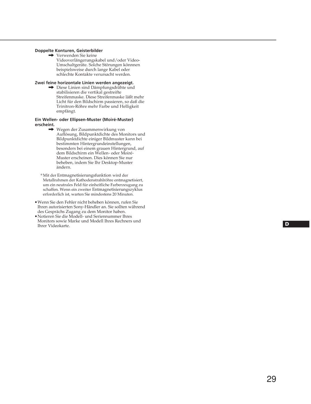 Sony CPD-20SF2T5 manual Doppelte Konturen, Geisterbilder, Zwei feine horizontale Linien werden angezeigt 