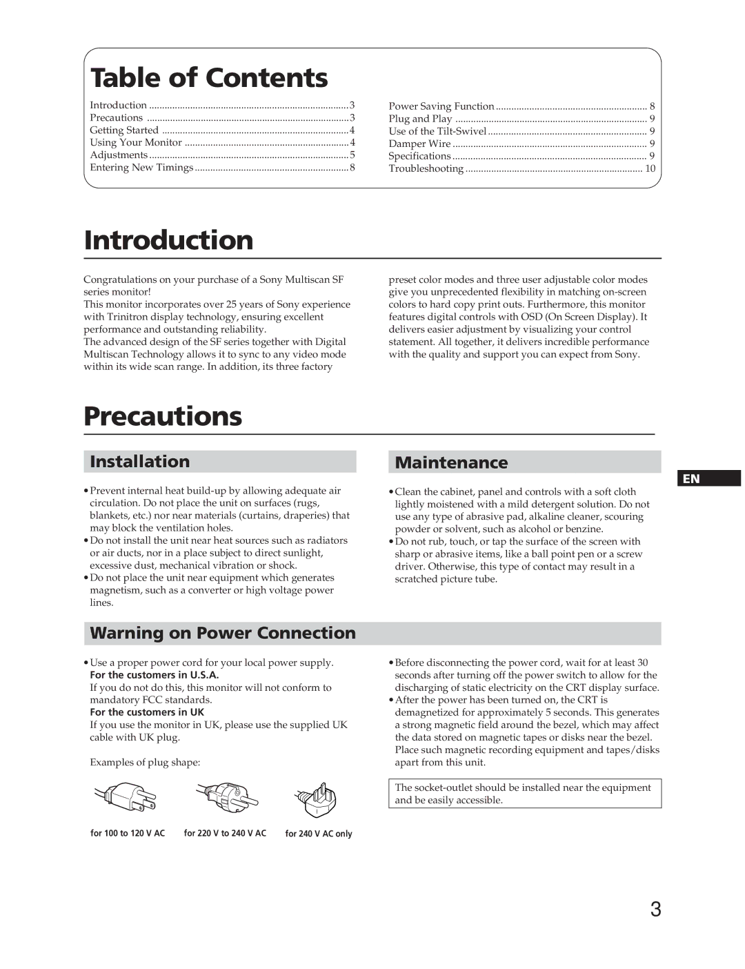 Sony CPD-20SF2T5 manual Table of Contents, Introduction, Precautions 