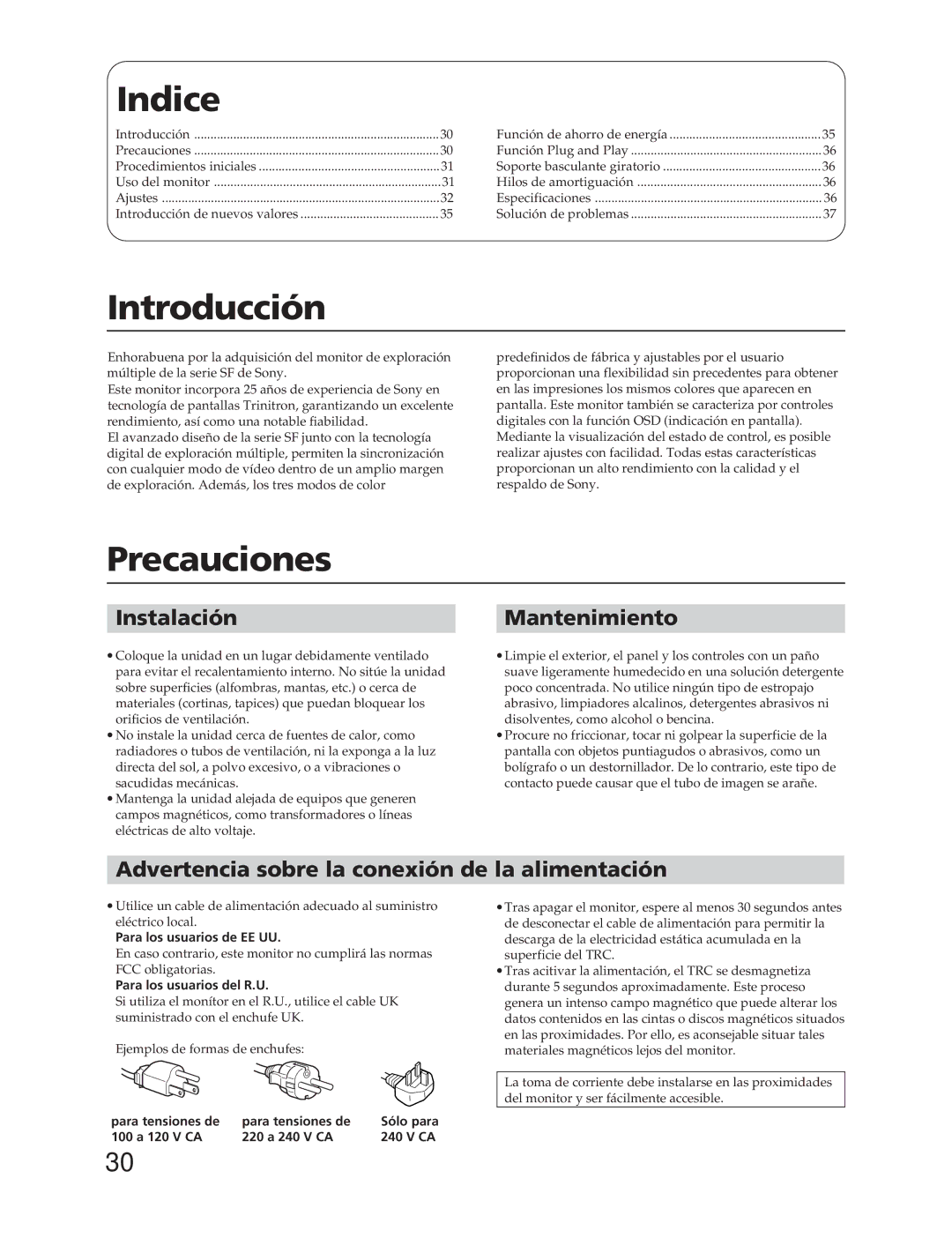 Sony CPD-20SF2T5 manual Indice, Introducción, Precauciones, InstalaciónMantenimiento 