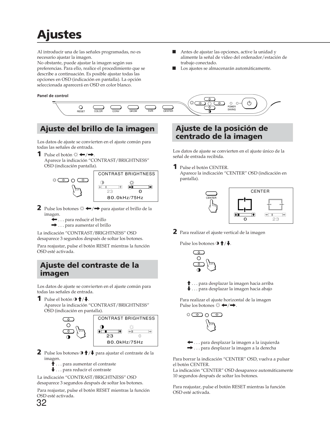 Sony CPD-20SF2T5 manual Ajustes, Ajuste del brillo de la imagen, Ajuste de la posición de centrado de la imagen 