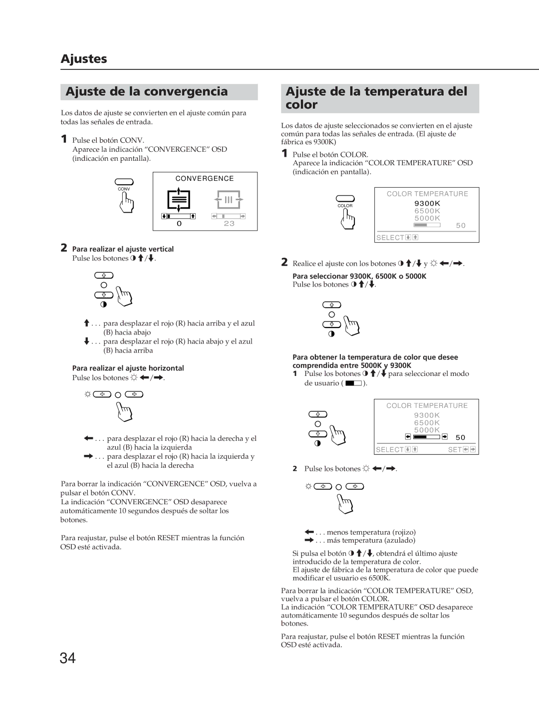 Sony CPD-20SF2T5 Ajustes Ajuste de la convergencia, Ajuste de la temperatura del color, Para realizar el ajuste horizontal 