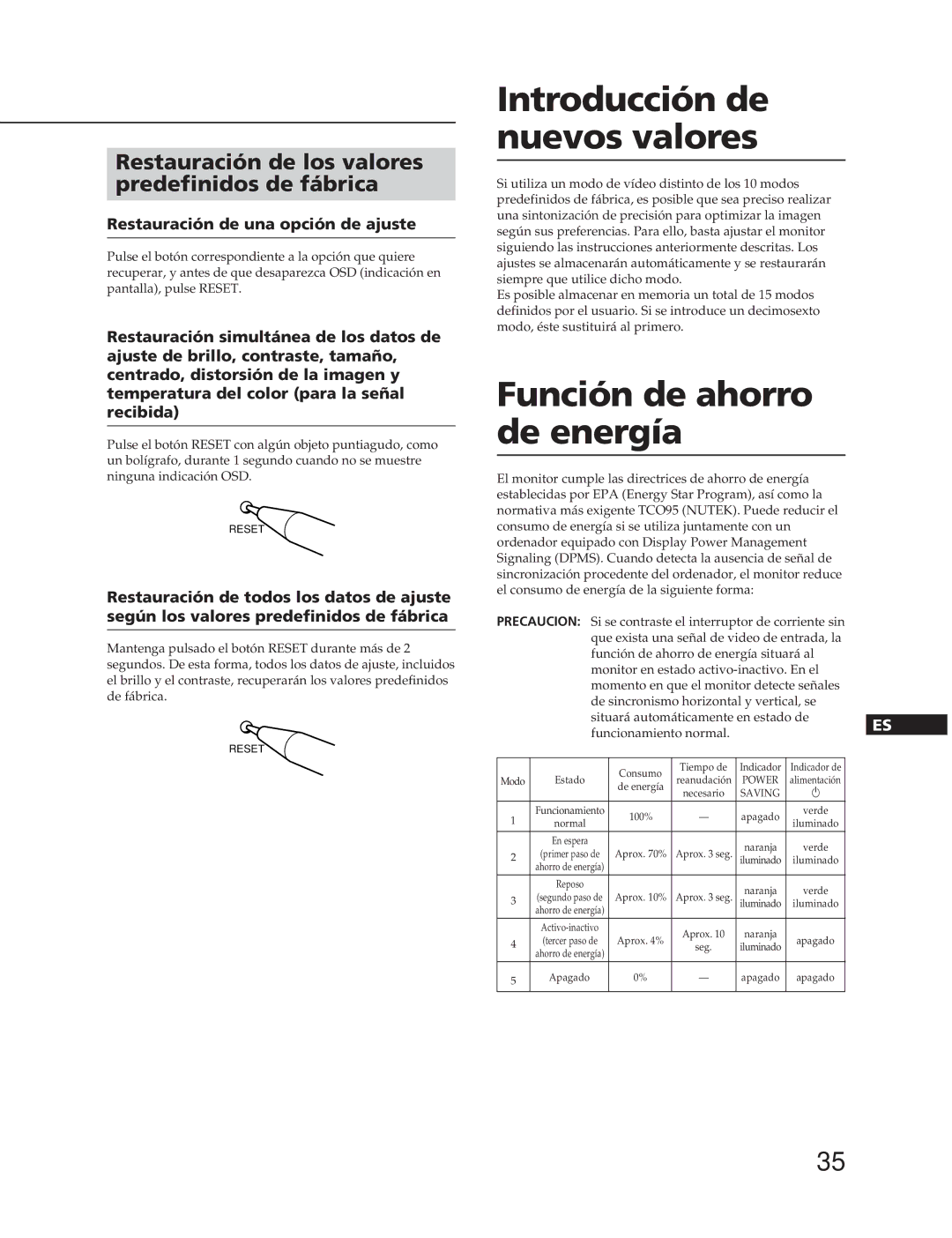 Sony CPD-20SF2T5 manual Introducción de nuevos valores, Función de ahorro de energía 