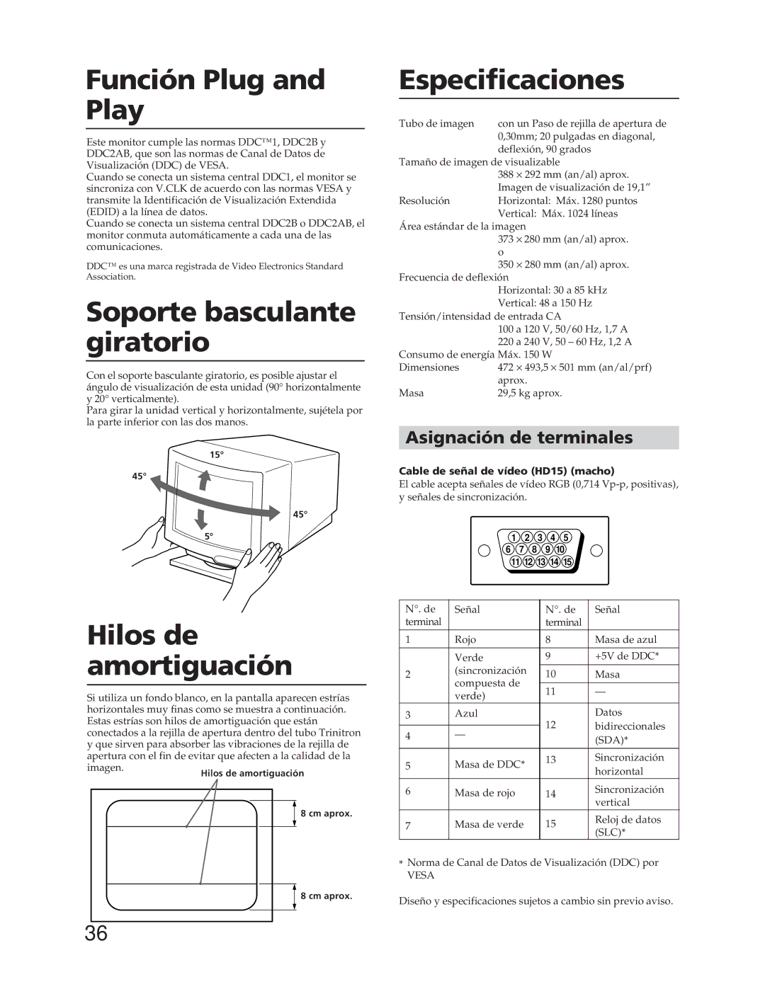 Sony CPD-20SF2T5 manual Especificaciones, Asignación de terminales, Cable de señal de vídeo HD15 macho 