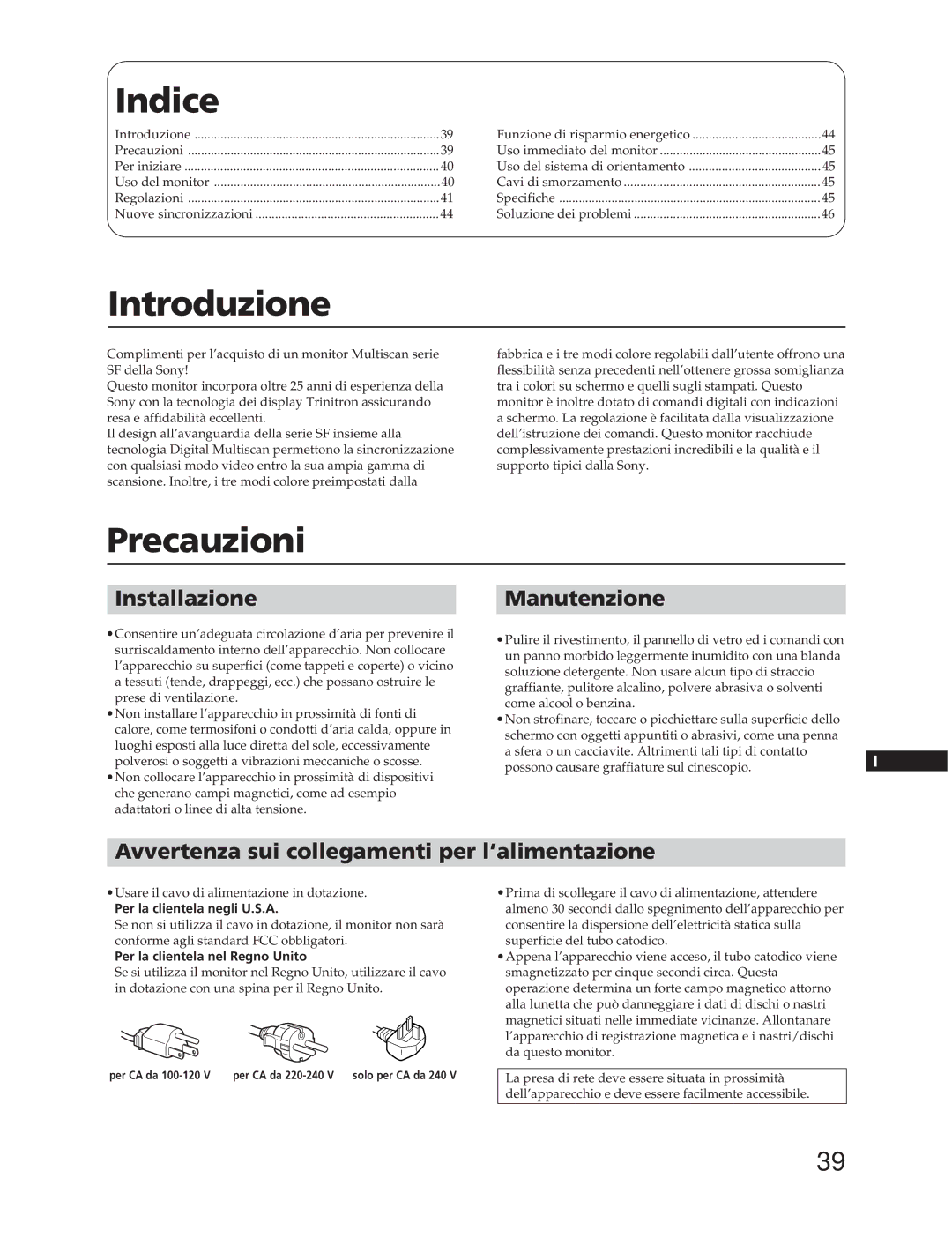 Sony CPD-20SF2T5 Introduzione, Precauzioni, InstallazioneManutenzione, Avvertenza sui collegamenti per l’alimentazione 