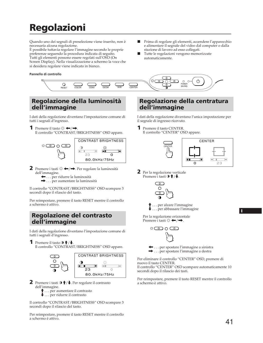 Sony CPD-20SF2T5 manual Regolazioni, Regolazione del contrasto dell’immagine 