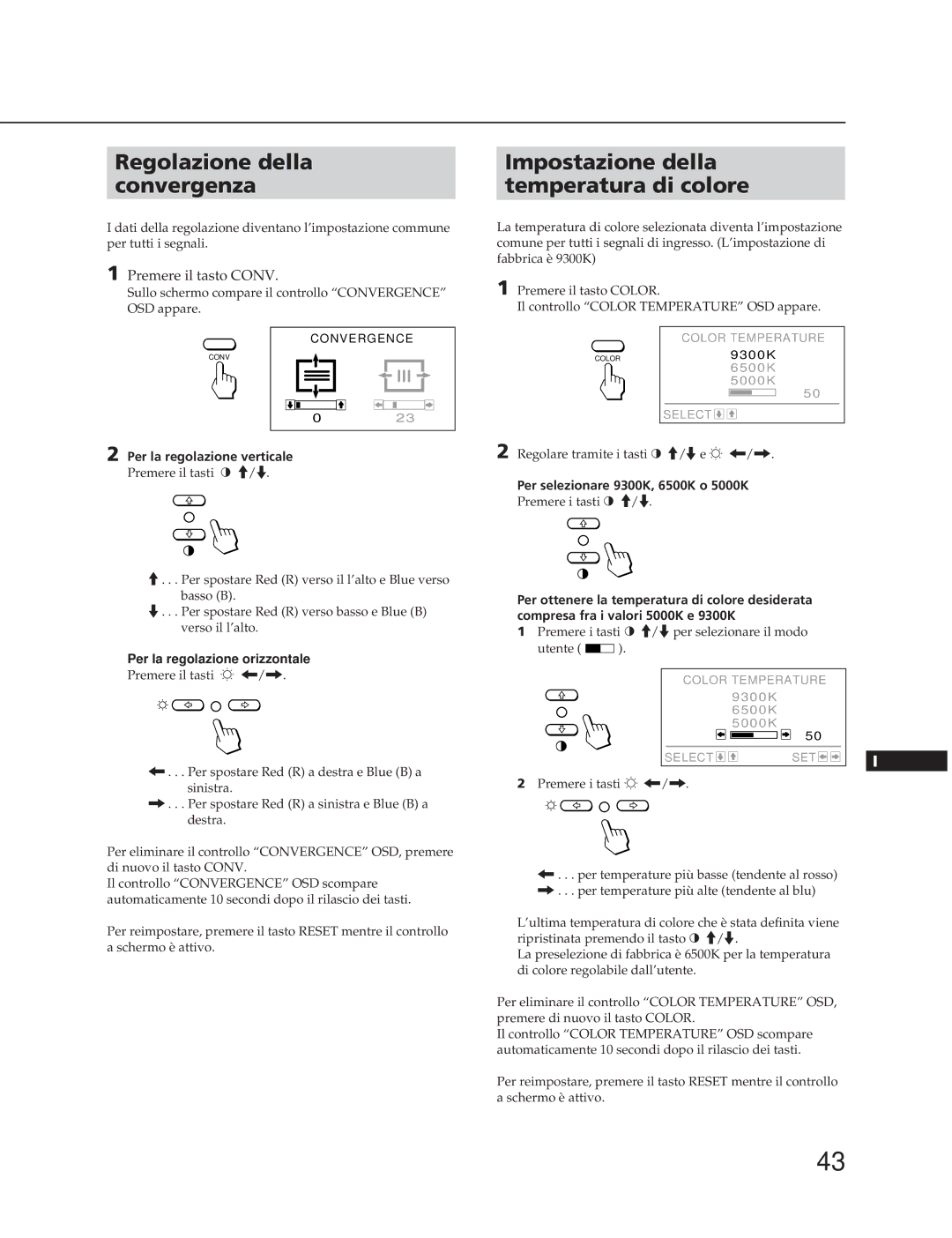 Sony CPD-20SF2T5 manual Regolazione della convergenza, Impostazione della temperatura di colore 