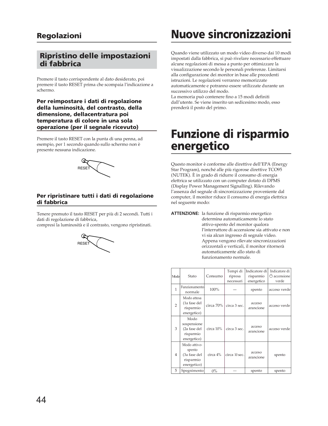 Sony CPD-20SF2T5 manual Nuove sincronizzazioni, Funzione di risparmio energetico 