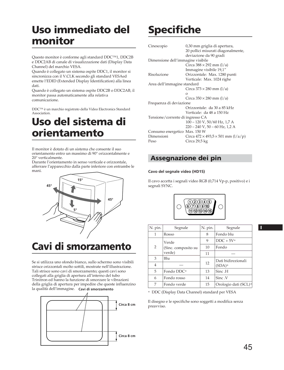 Sony CPD-20SF2T5 manual Uso immediato del monitor, Uso del sistema di orientamento, Cavi di smorzamento, Specifiche 