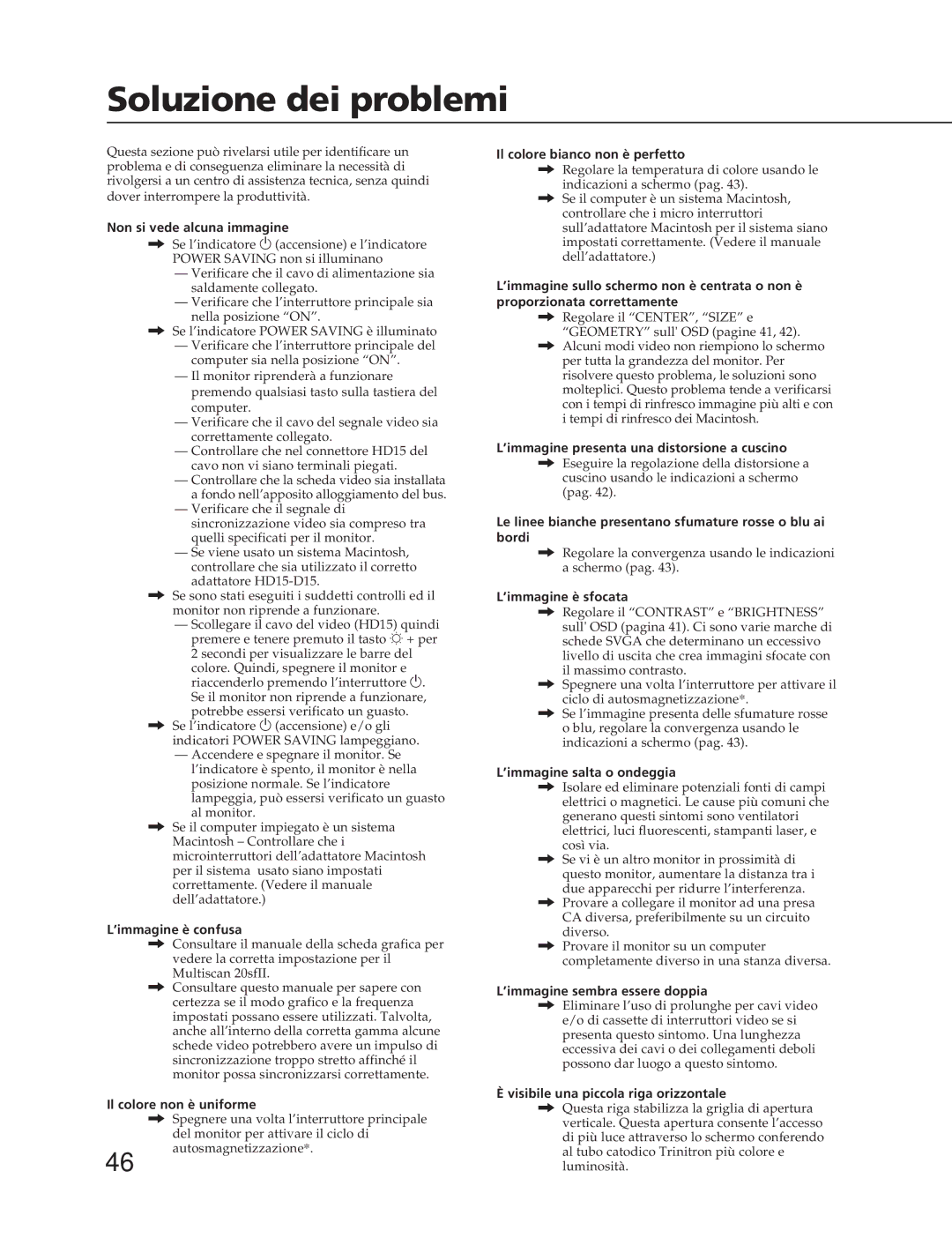 Sony CPD-20SF2T5 manual Soluzione dei problemi 