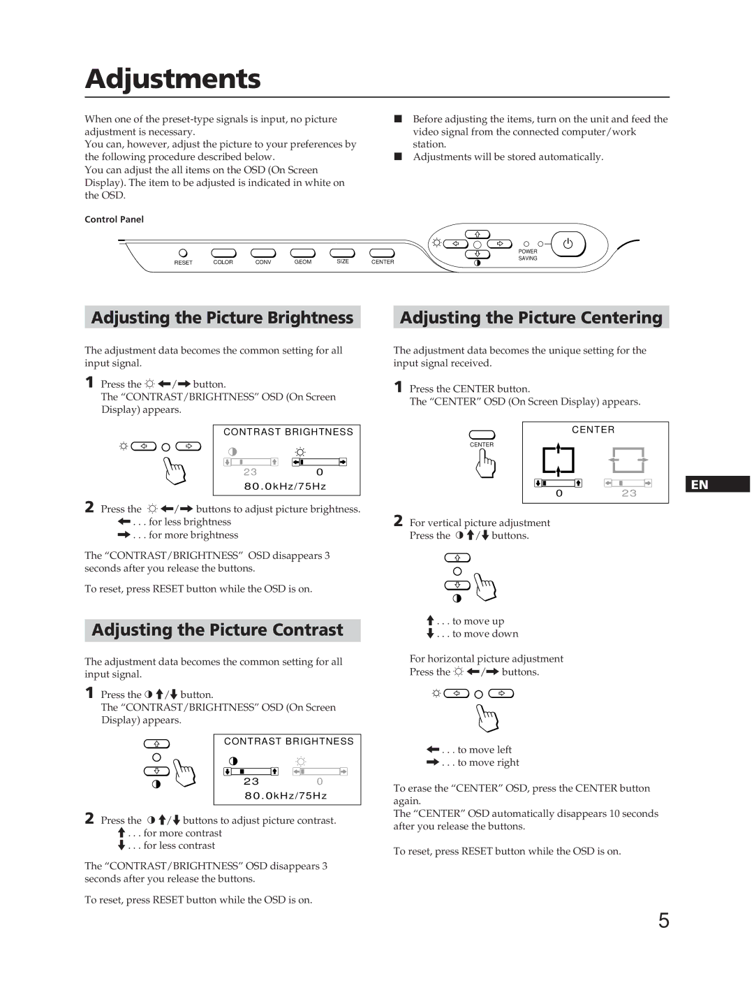 Sony CPD-20SF2T5 manual Adjustments, Adjusting the Picture Contrast 