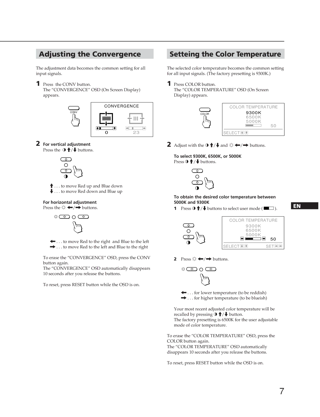 Sony CPD-20SF2T5 manual Adjusting the Convergence, Setteing the Color Temperature, For vertical adjustment 