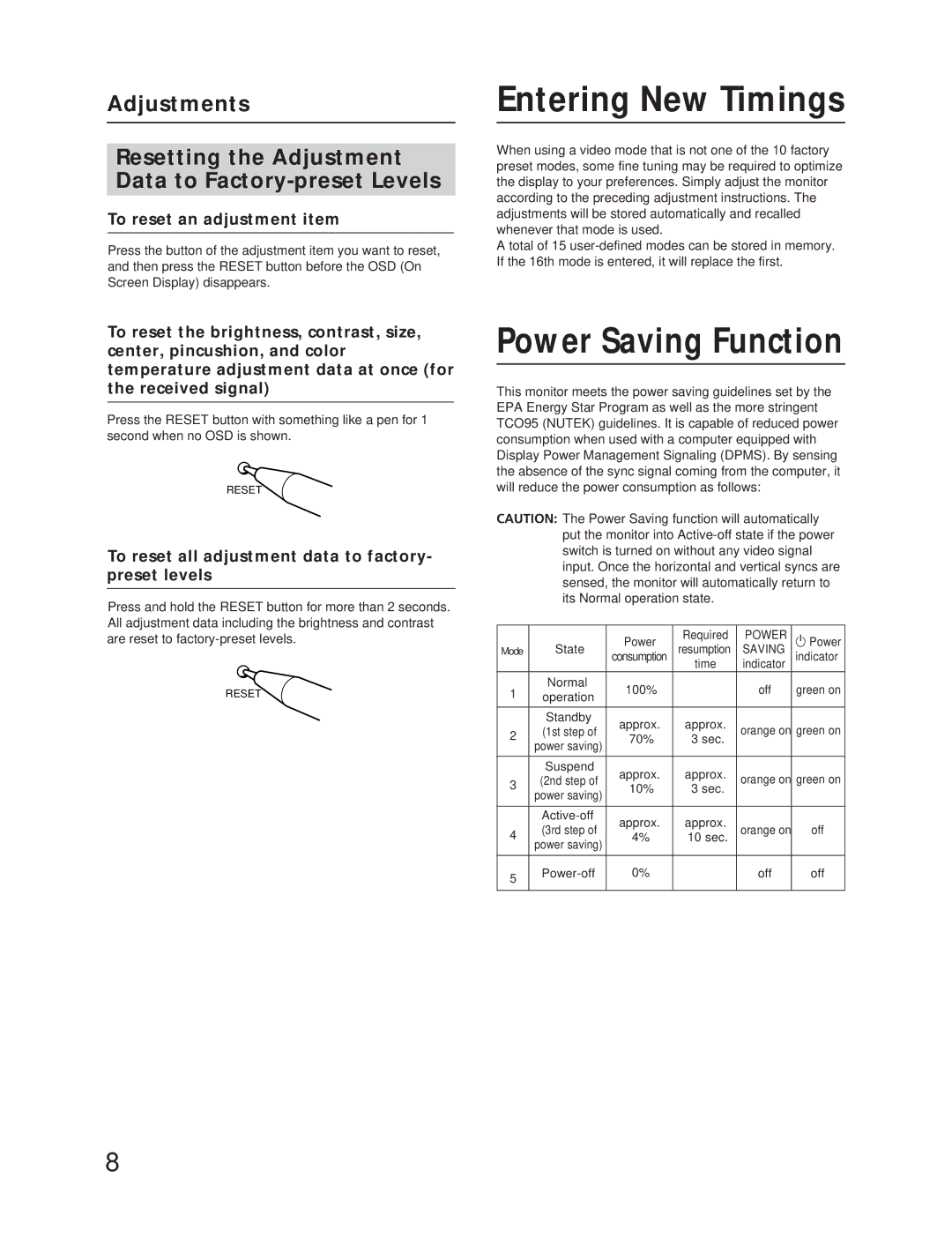 Sony CPD-20SF2T5 manual Entering New Timings, Power Saving Function 