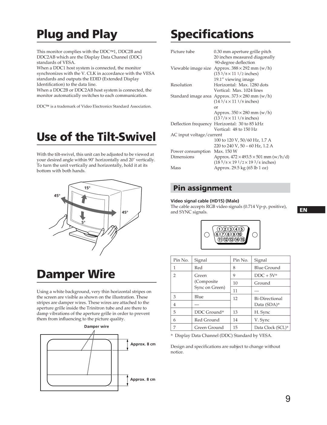 Sony CPD-20SF2T5 manual Plug and Play, Use of the Tilt-Swivel, Specifications, Damper Wire, Pin assignment 