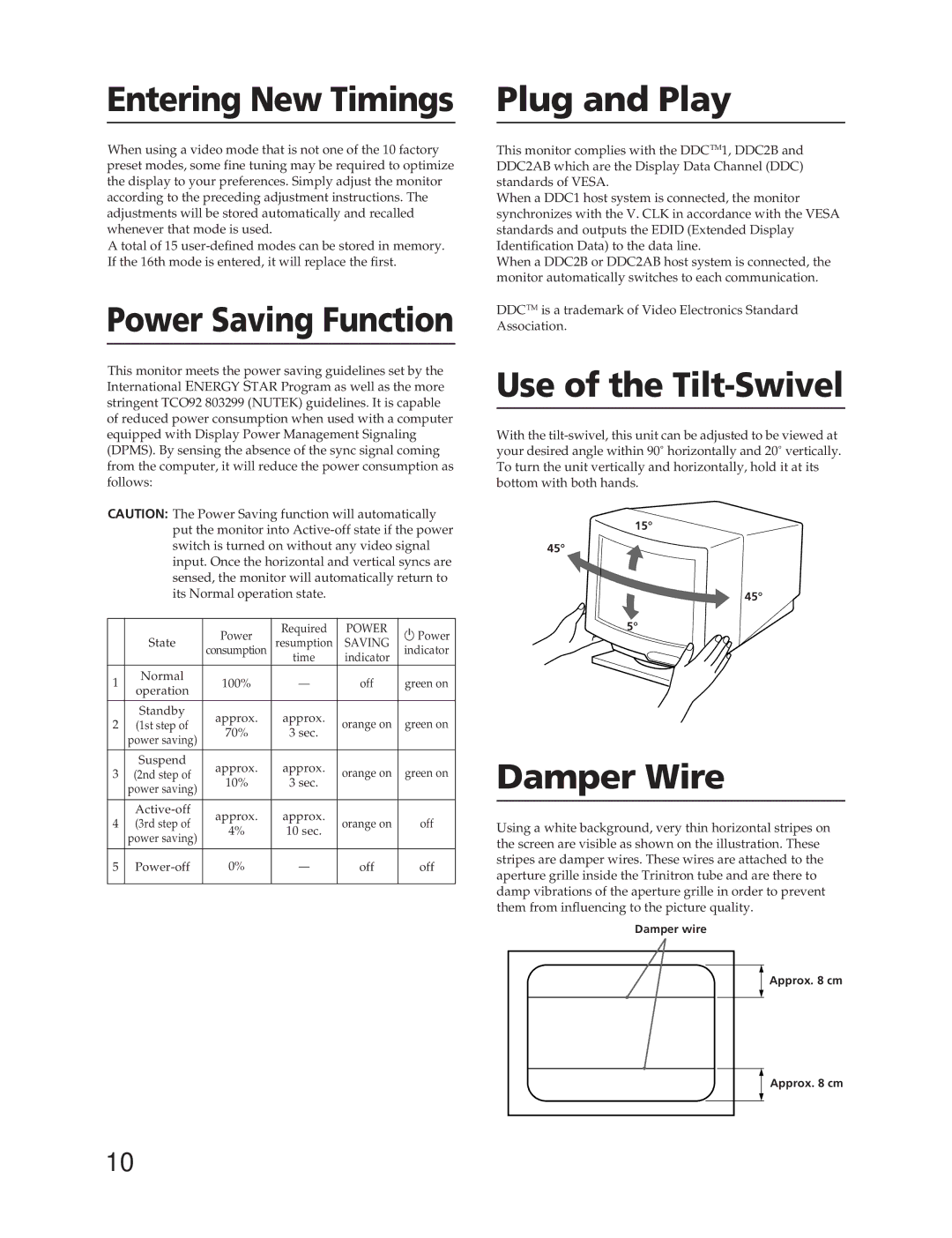 Sony CPD-300SFT manual Entering New Timings, Power Saving Function, Plug and Play, Use of the Tilt-Swivel, Damper Wire 