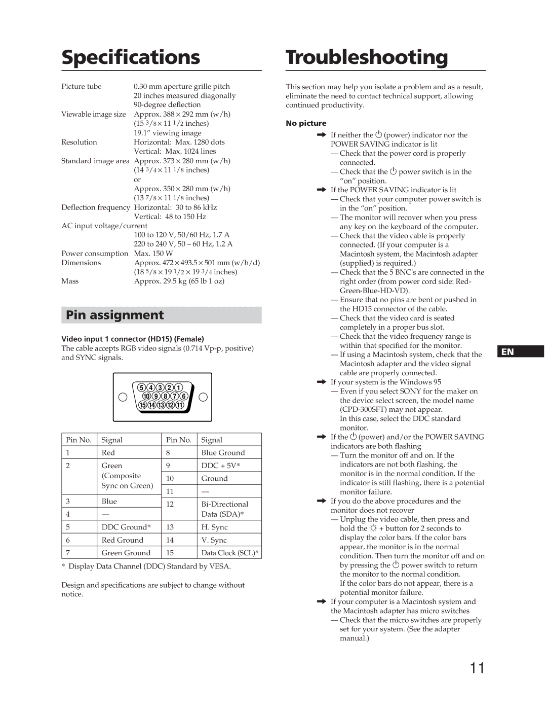 Sony CPD-300SFT manual Specifications, Troubleshooting, Pin assignment, Video input 1 connector HD15 Female, No picture 