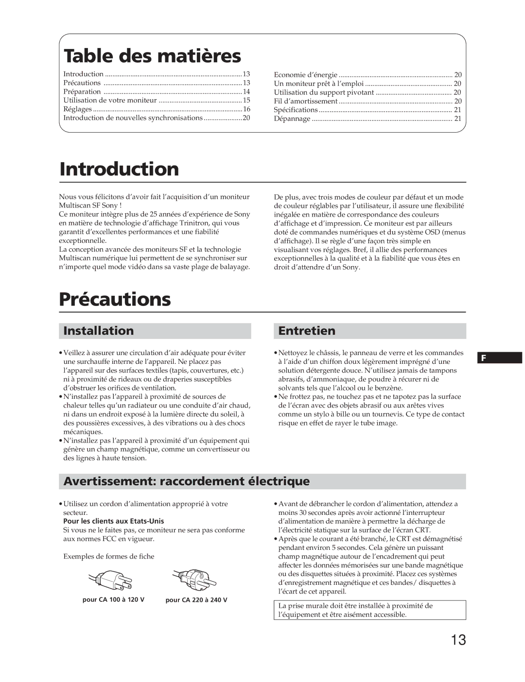 Sony CPD-300SFT manual Table des matières, Précautions, InstallationEntretien, Avertissement raccordement électrique 