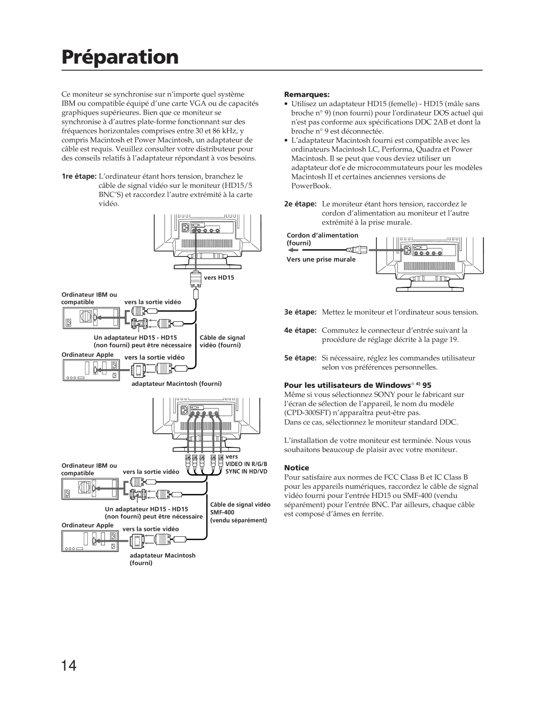 Sony CPD-300SFT manual Préparation, Remarques, Pour les utilisateurs de Windows 4, Vers la sortie vidéo 