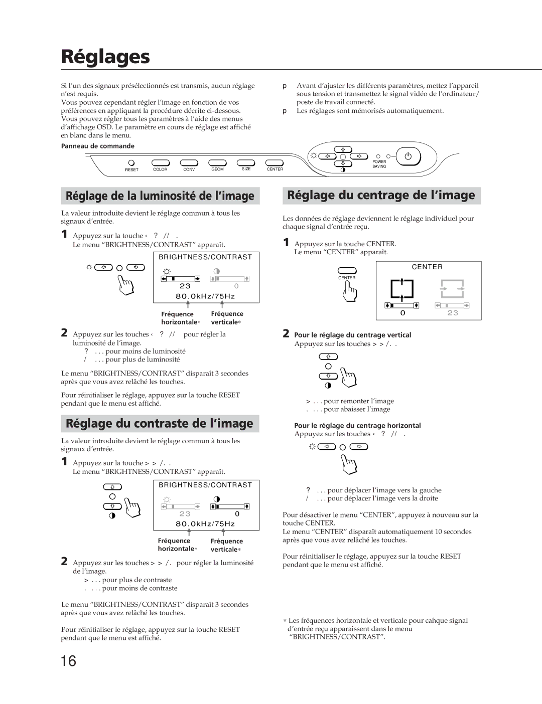 Sony CPD-300SFT manual Réglages, Réglage du centrage de l’image, Réglage du contraste de l’image 