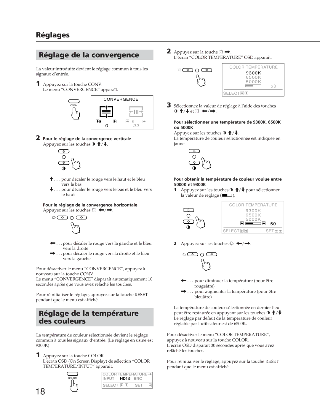 Sony CPD-300SFT manual Réglages Réglage de la convergence, Réglage de la température des couleurs 