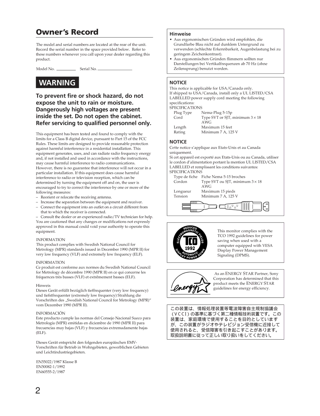 Sony CPD-300SFT manual Owner’s Record 