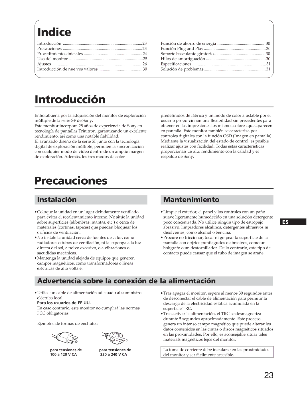 Sony CPD-300SFT manual Indice, Introducción, Precauciones, InstalaciónMantenimiento 