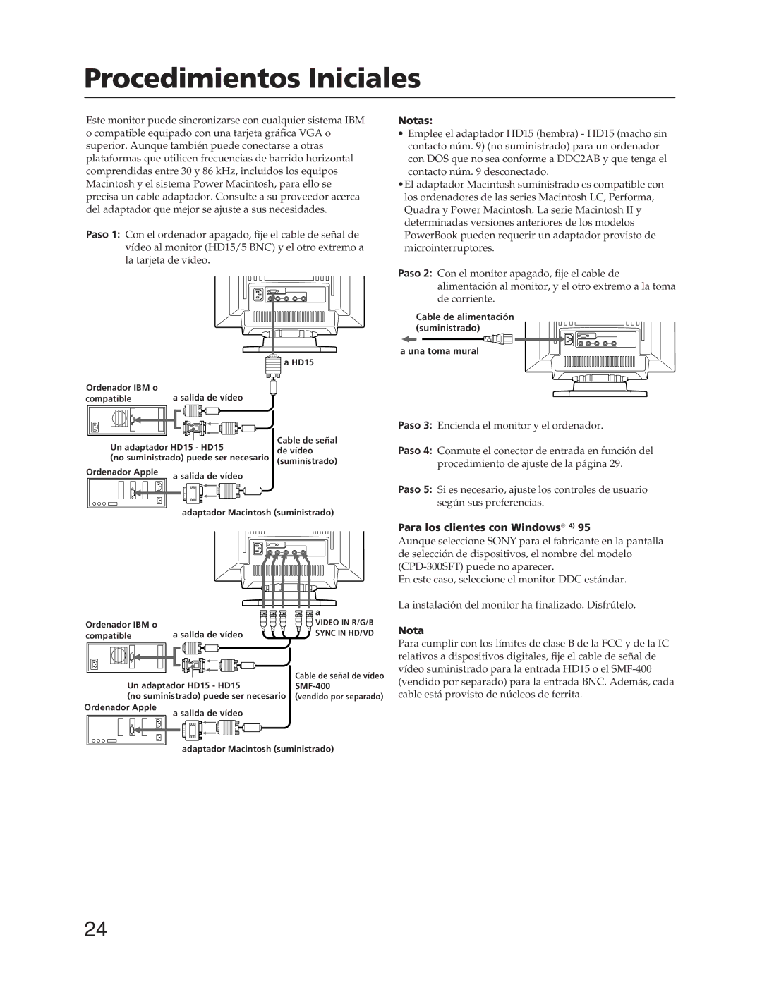 Sony CPD-300SFT manual Procedimientos Iniciales, Notas, Para los clientes con Windows 4, Una toma mural 