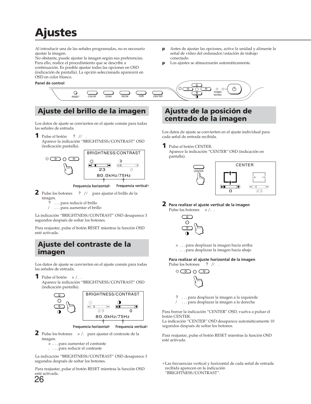 Sony CPD-300SFT manual Ajustes, Ajuste del brillo de la imagen, Ajuste del contraste de la imagen 