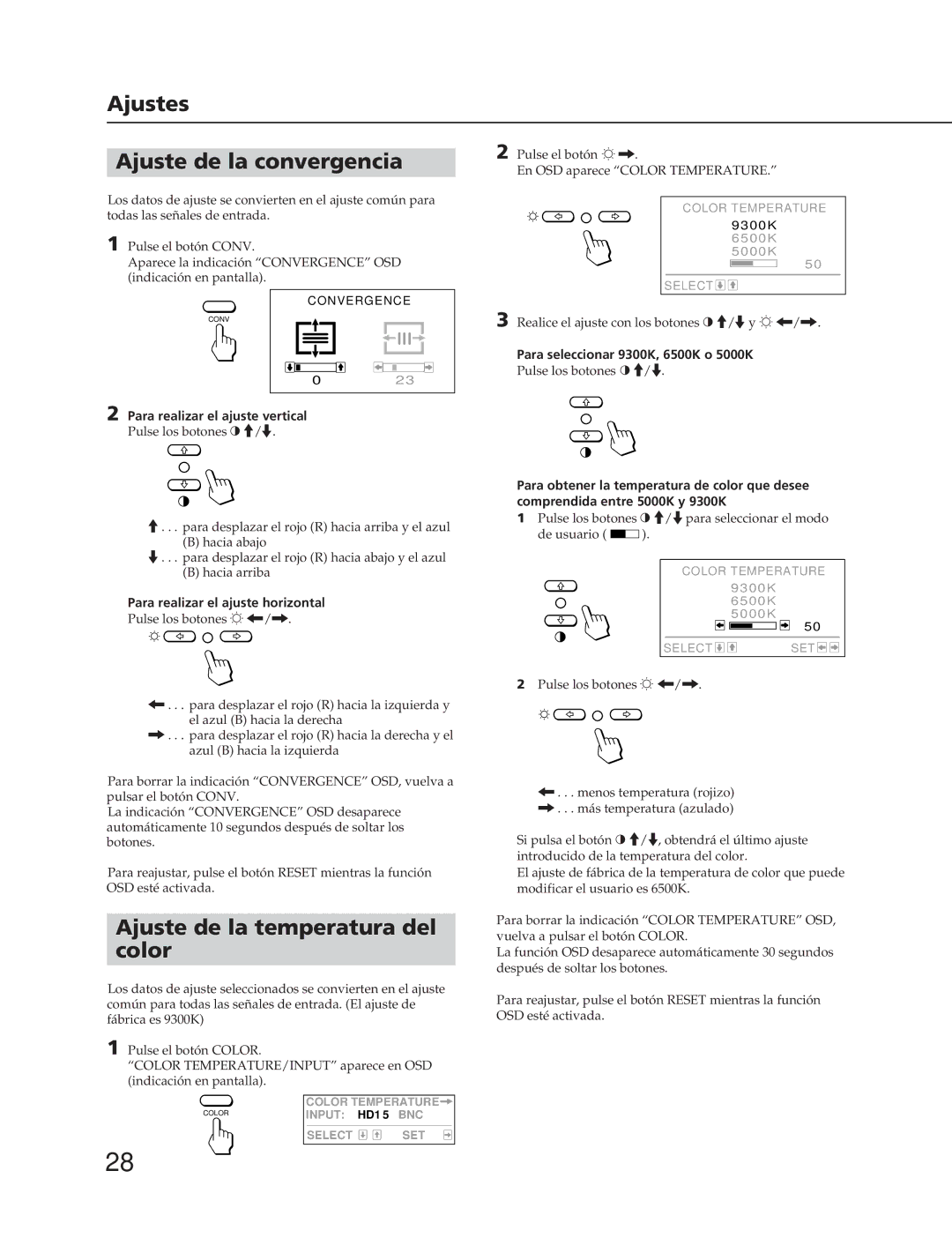 Sony CPD-300SFT manual Ajustes Ajuste de la convergencia, Ajuste de la temperatura del color 