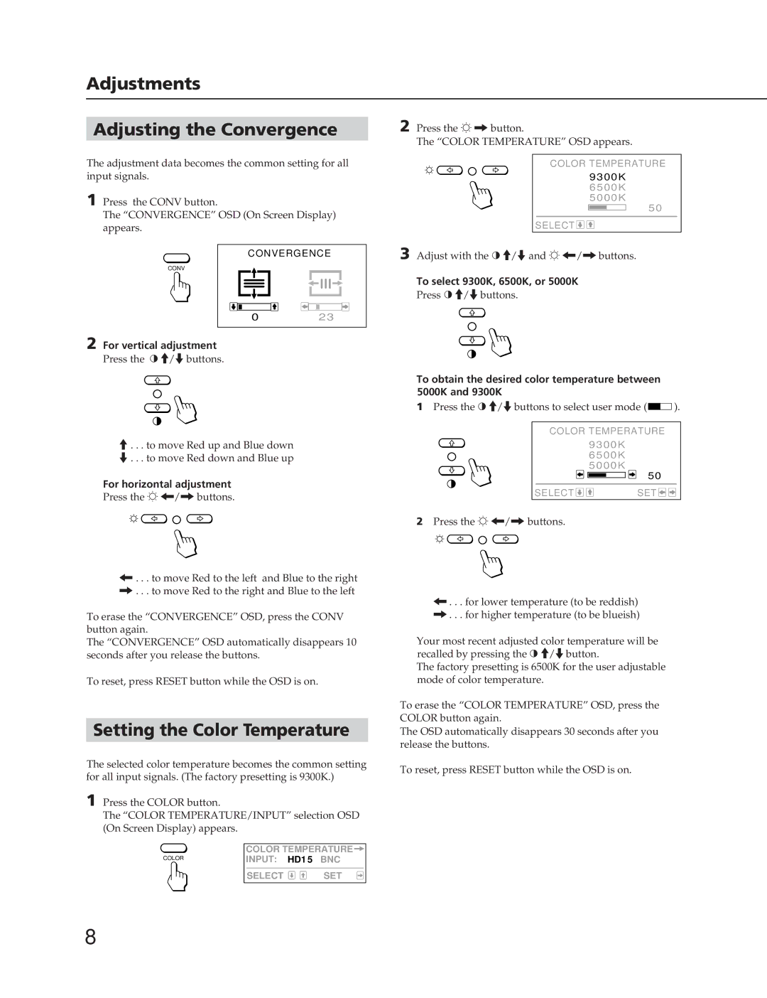 Sony CPD-300SFT Adjustments Adjusting the Convergence, Setting the Color Temperature, To select 9300K, 6500K, or 5000K 