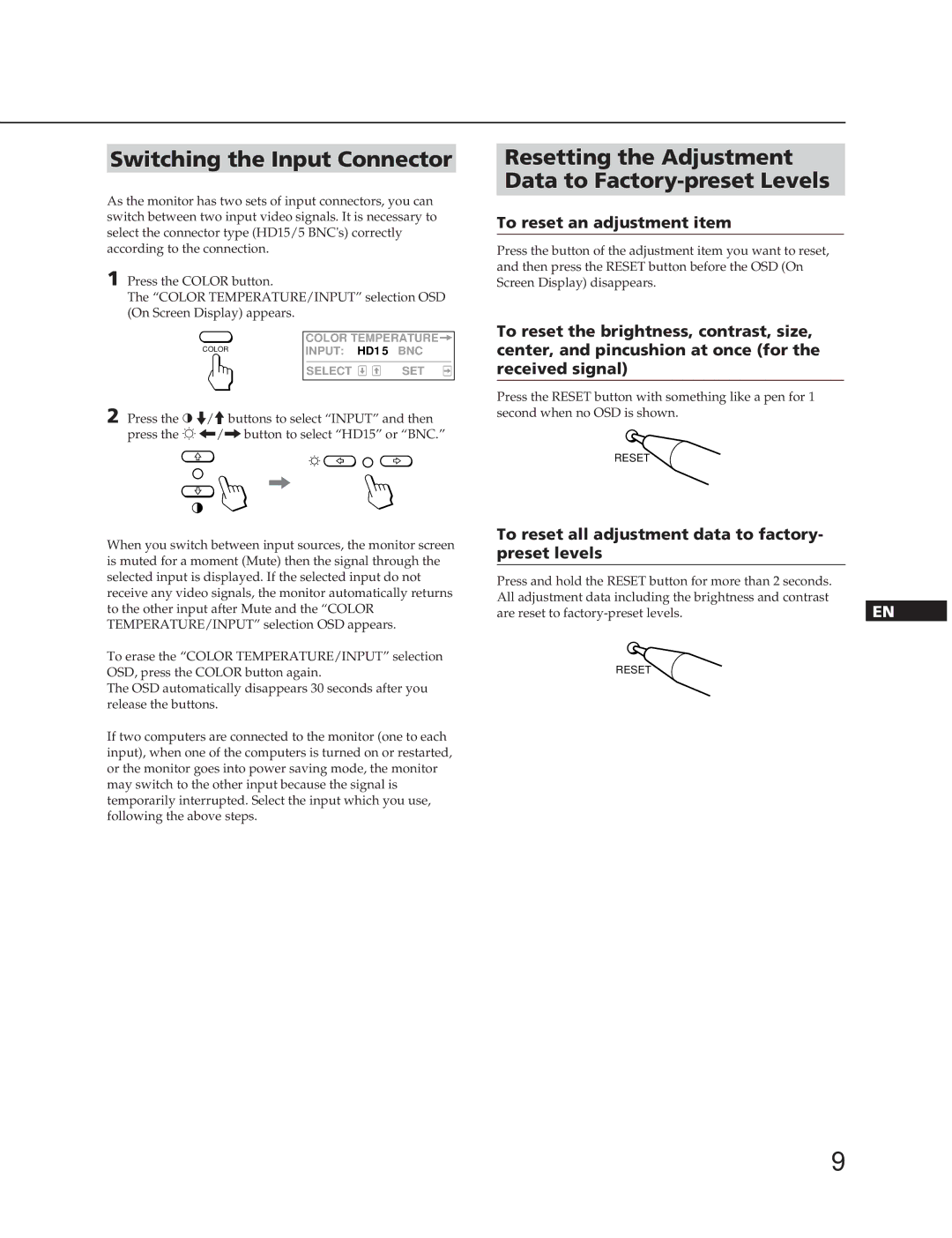 Sony CPD-300SFT manual Switching the Input Connector, Resetting the Adjustment Data to Factory-preset Levels 