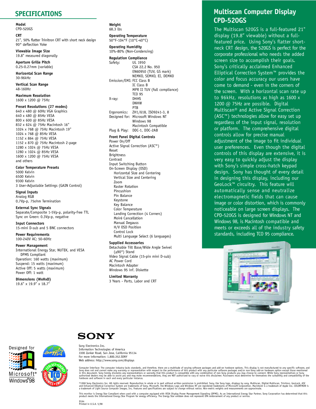 Sony CPD-520GS manual Model, Viewable Image Size, Aperture Grille Pitch, Horizontal Scan Range, Vertical Scan Range, Weight 