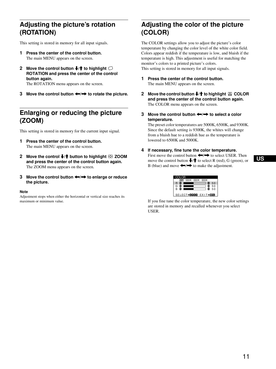 Sony CPD-E100 manual Adjusting the picture’s rotation Rotation, Enlarging or reducing the picture Zoom 