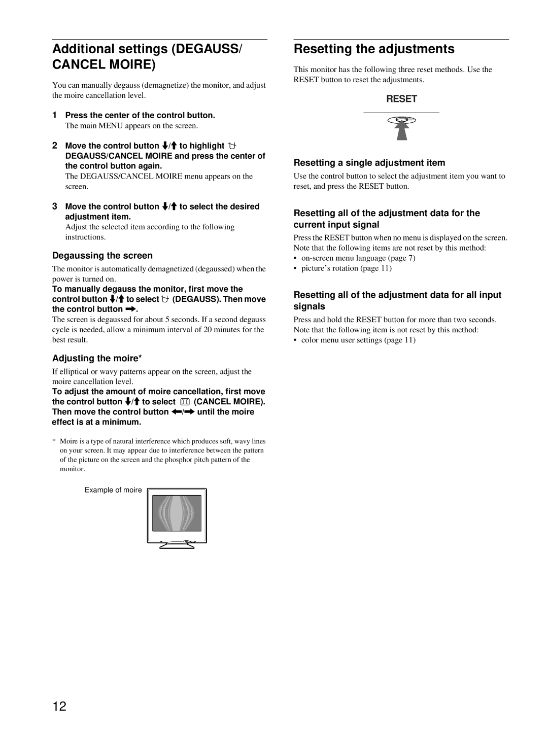 Sony CPD-E100 manual Additional settings Degauss, Cancel Moire, Resetting the adjustments 