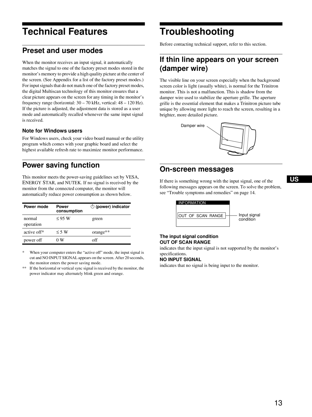 Sony CPD-E100 manual Technical Features, Troubleshooting 