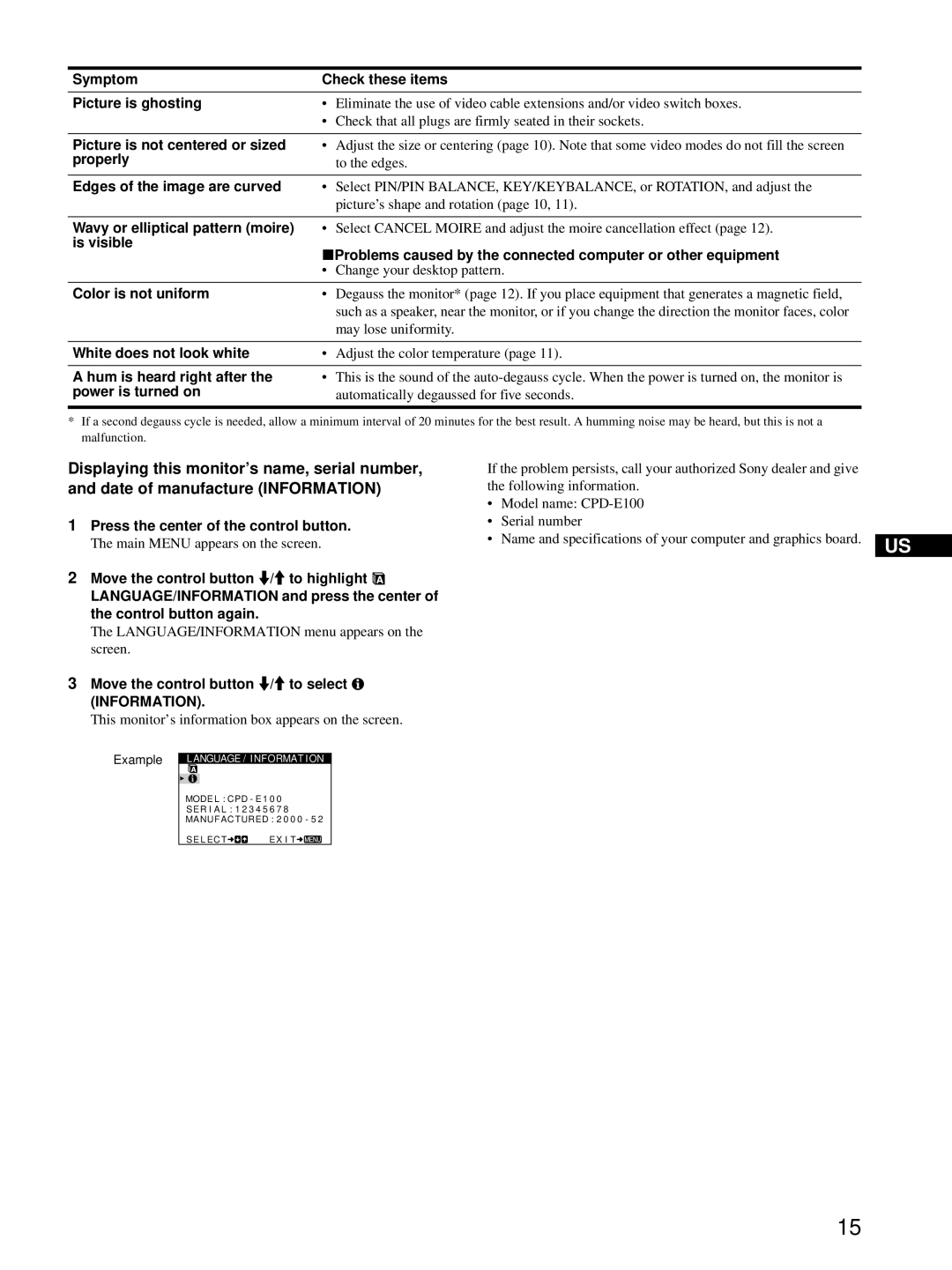 Sony CPD-E100 manual Symptom Check these items Picture is ghosting, Picture is not centered or sized, Properly 