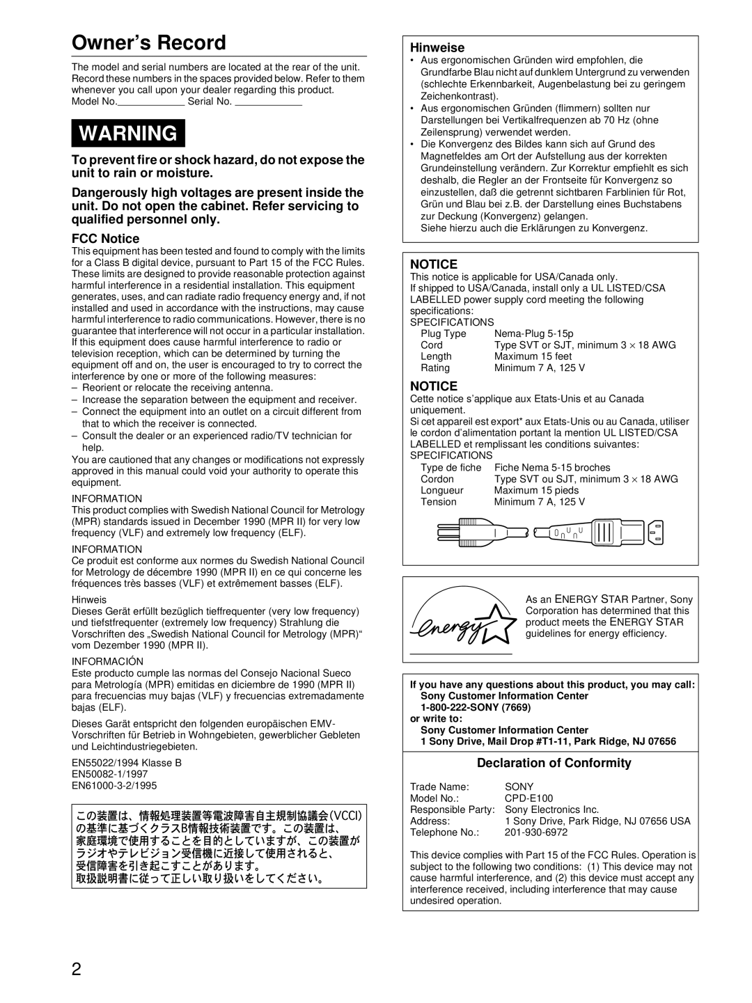 Sony CPD-E100 manual Owner’s Record, Hinweise 