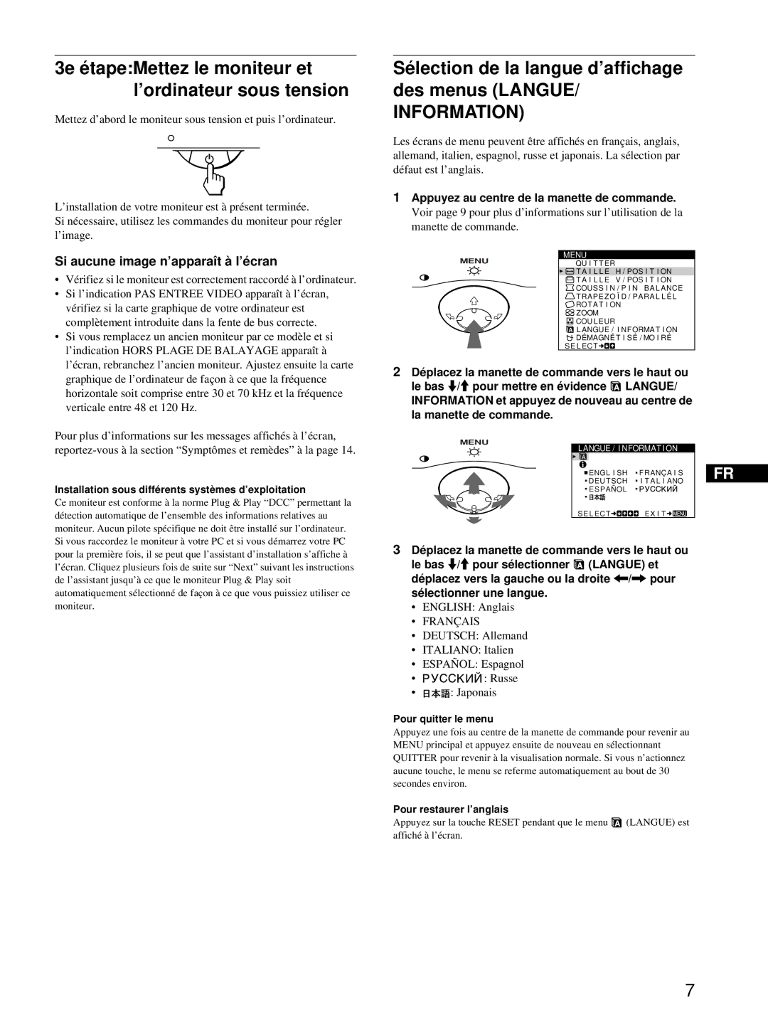 Sony CPD-E100 manual Sélection de la langue d’affichage des menus Langue, Si aucune image n’apparaît à l’écran 