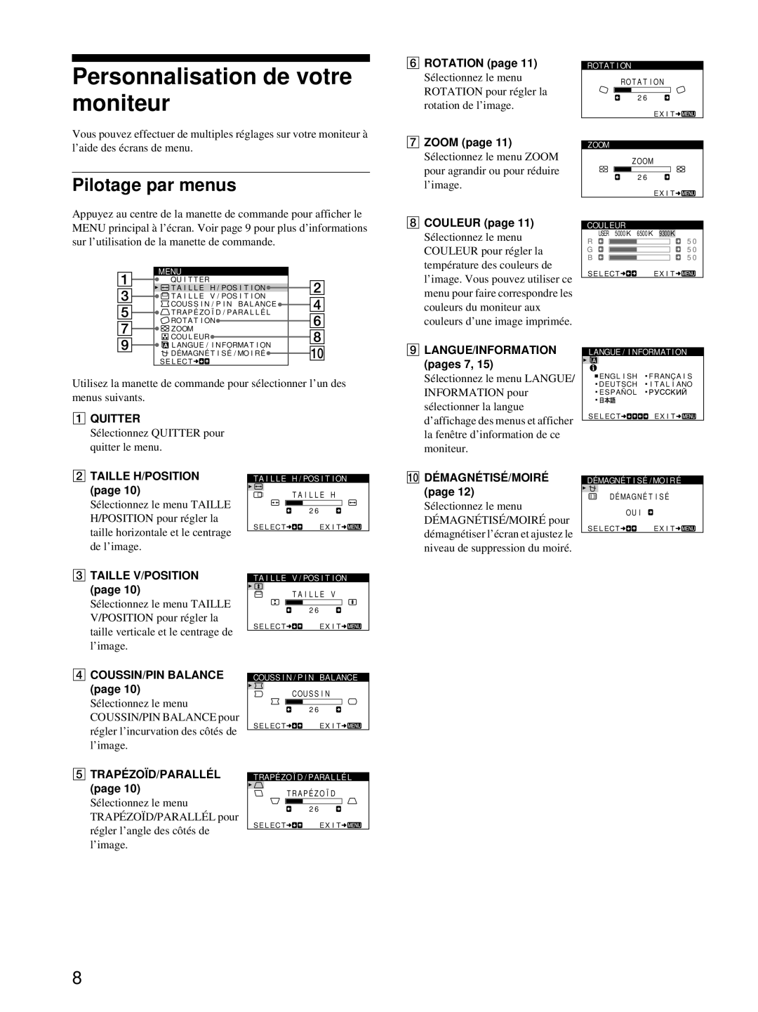 Sony CPD-E100 manual Personnalisation de votre moniteur, Pilotage par menus, Couleur, Pages 7, Taille H/POSITION 